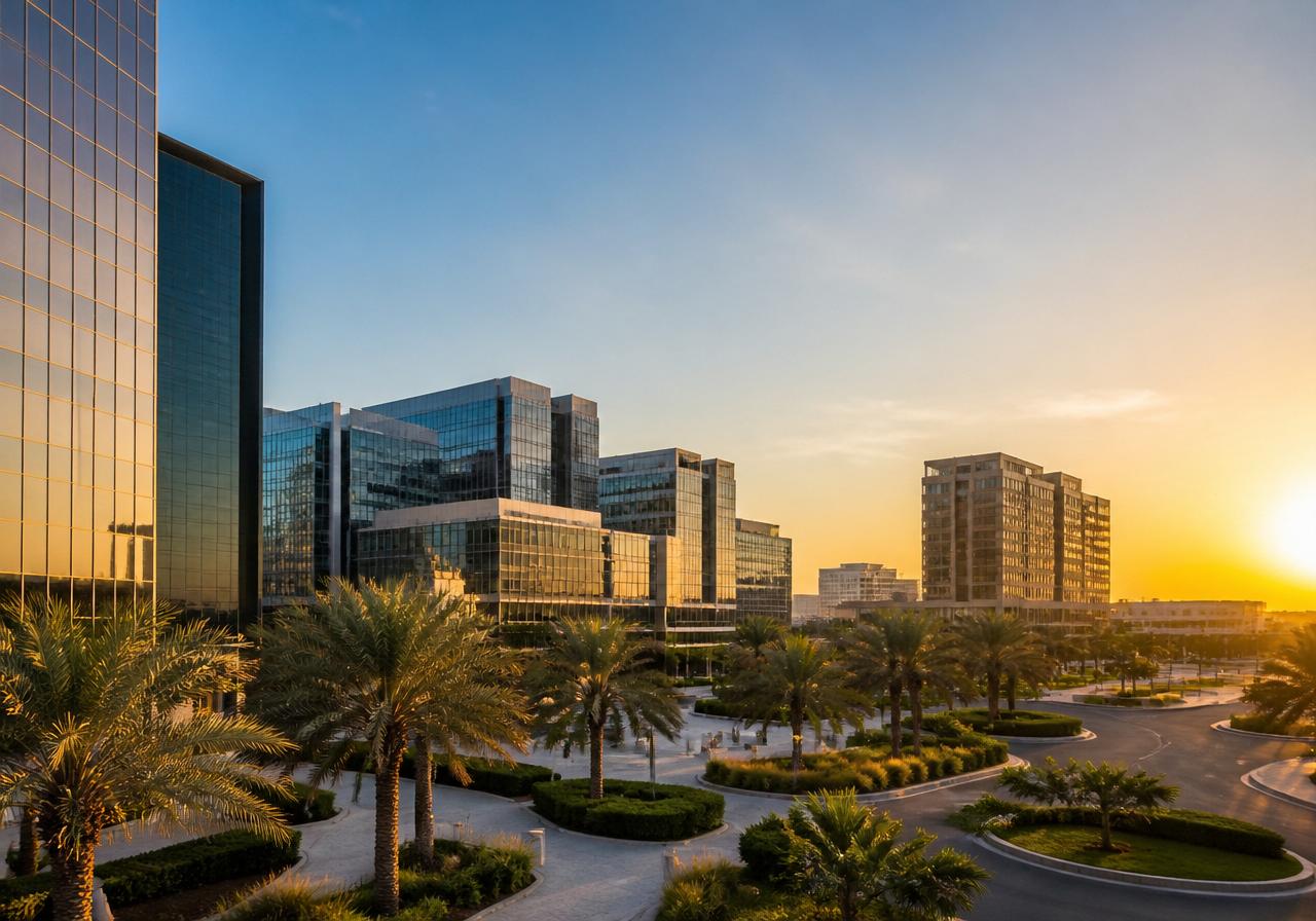 Business setup in IFZA Dubai free zone — modern Dubai business district at golden hour
