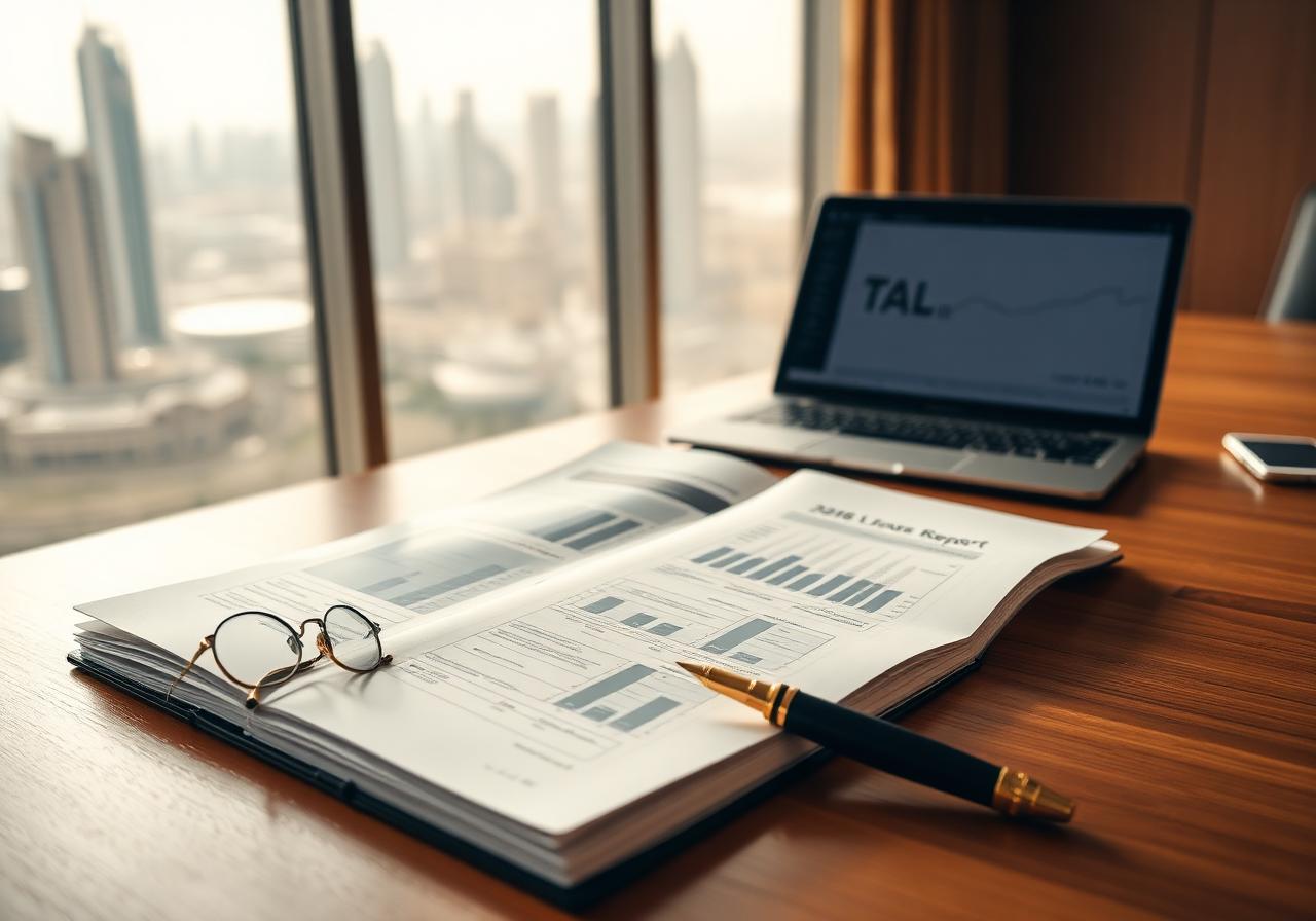 UAE VAT advisory workspace with tax reports, ledger and analytics overlooking Dubai skyline